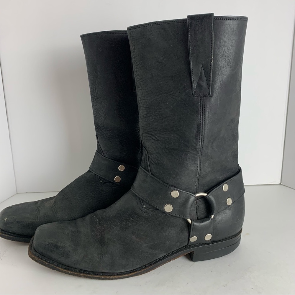 Black Leather Heeled Harness Boots - Women